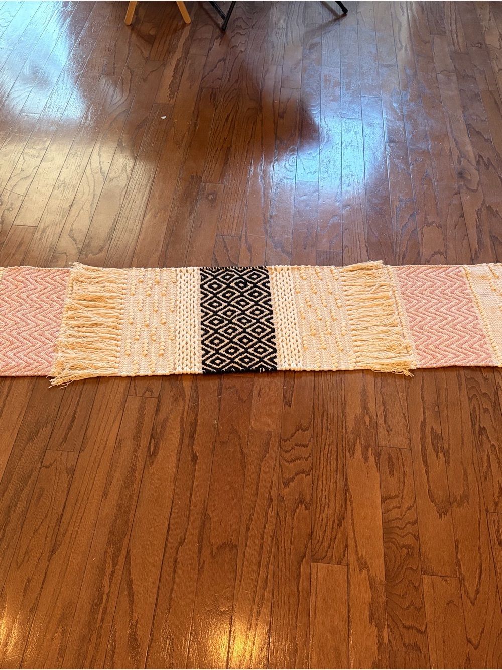 Handwoven Pink and Cream Runner with Black Pattern